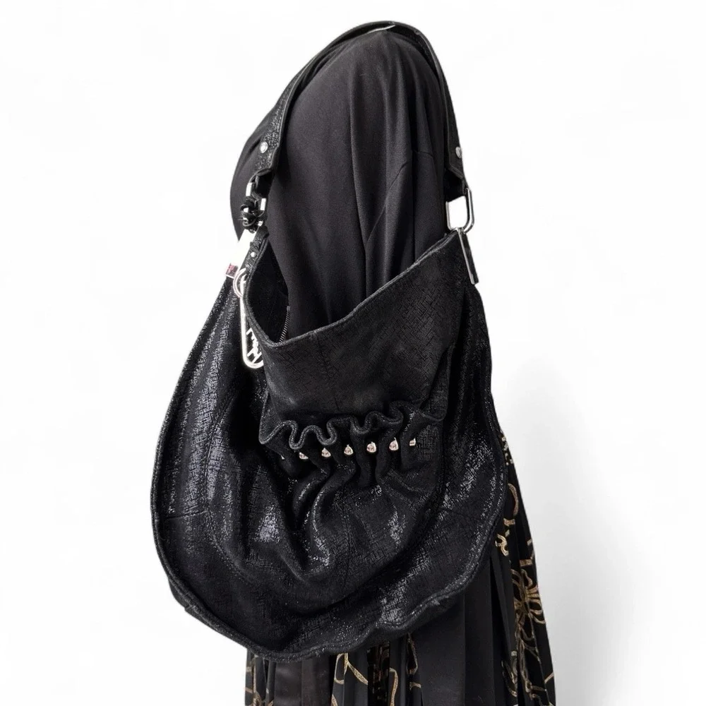 Y2K B MAKOWSKI Hobo Bag Slouchy Black Leather Studded Shoulder Cinched Combo